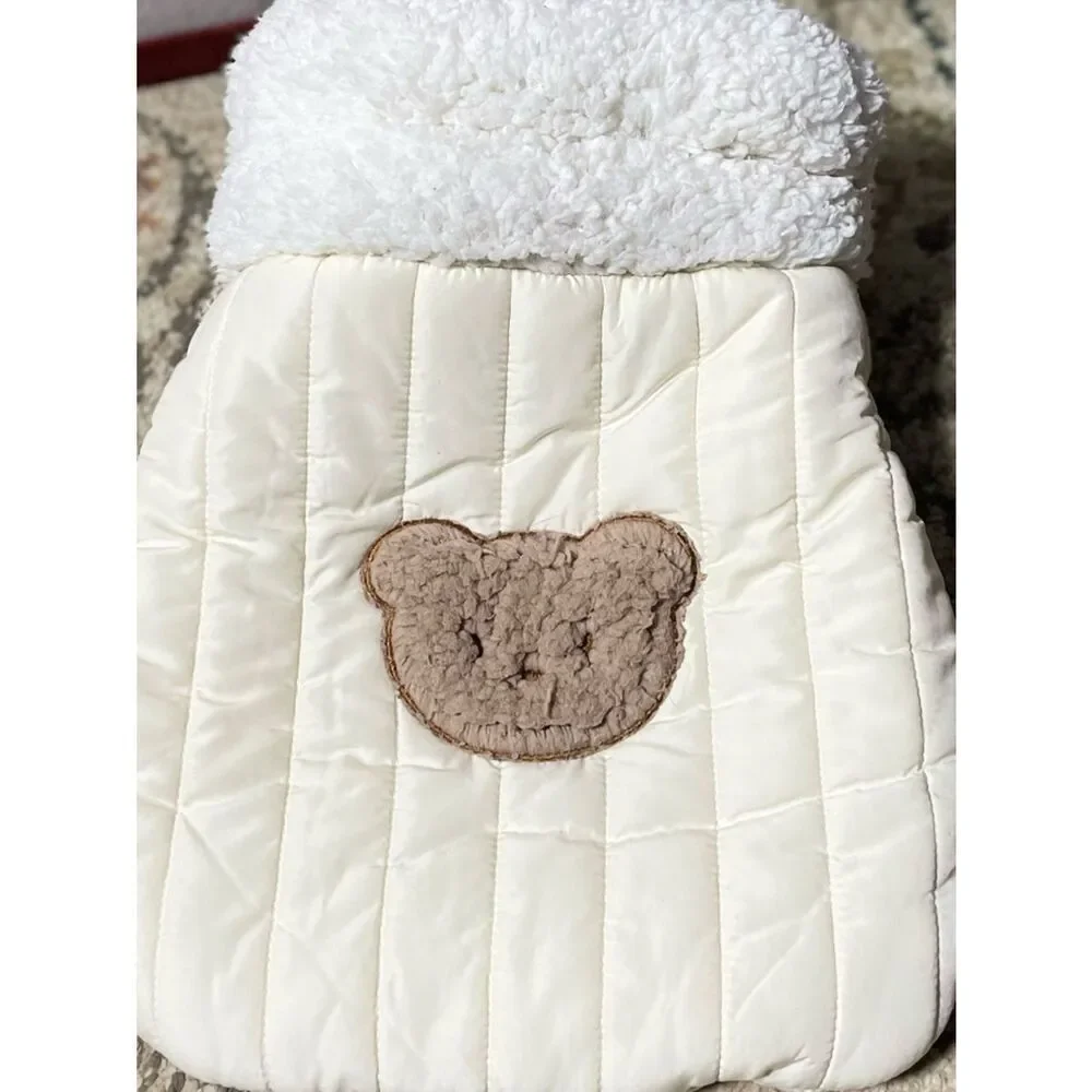 Kimpets Cream Quilted Sherpa-Trim Pet Neat with Bear Patch Kitty Sleeping Bag